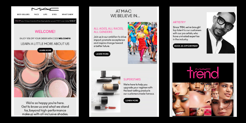 screenshot of MAC Cosmetic's welcome email on a black background